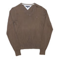 TOMMY HILFIGER Mens Brown Plain V-Neck Basic Knit Jumper S Classic Cotton Blend