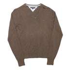 TOMMY HILFIGER Mens Brown Plain V-Neck Basic Knit Jumper S Classic Cotton Blend