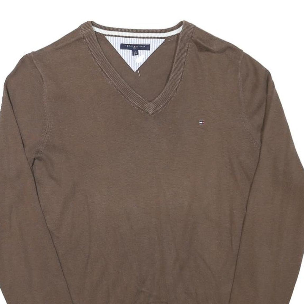 TOMMY HILFIGER Mens Brown Plain V-Neck Basic Knit Jumper S Classic Cotton Blend