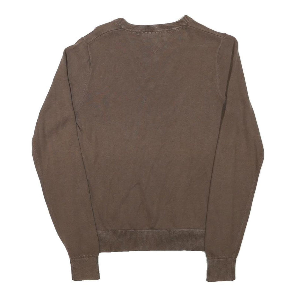 TOMMY HILFIGER Mens Brown Plain V-Neck Basic Knit Jumper S Classic Cotton Blend