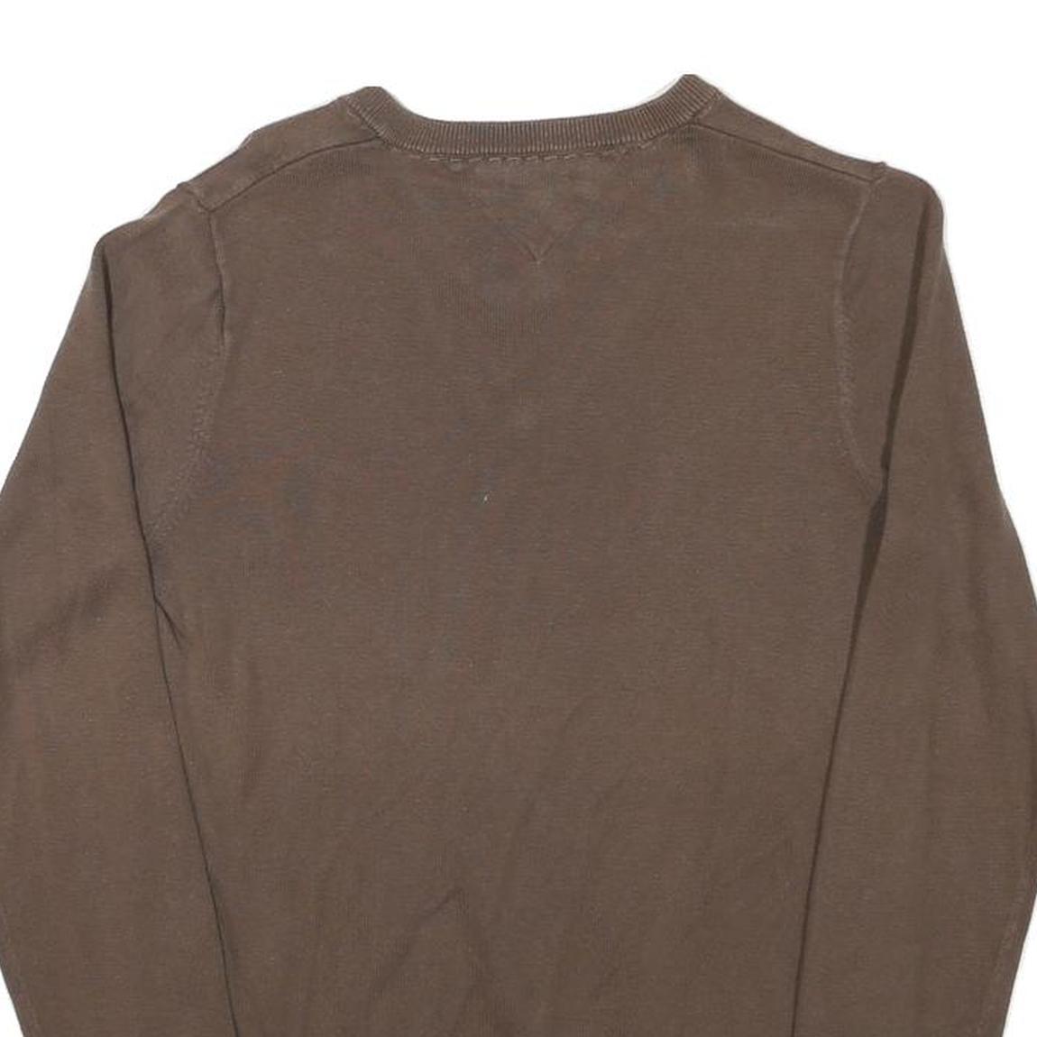 TOMMY HILFIGER Mens Brown Plain V-Neck Basic Knit Jumper S Classic Cotton Blend