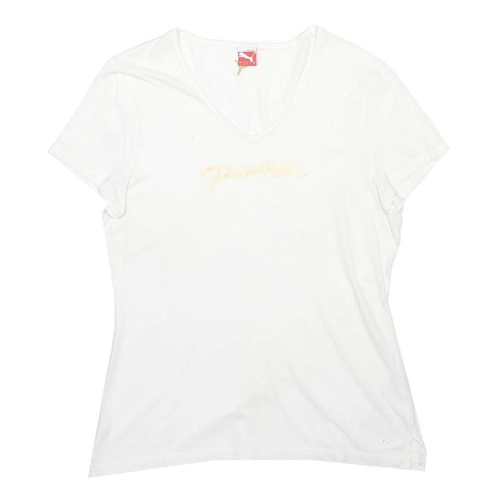 PUMA Womens White & Gold Script Logo V-Neck Short Sleeve T-Shirt UK 14 Cotton