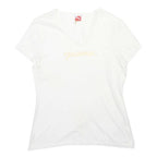 PUMA Womens White & Gold Script Logo V-Neck Short Sleeve T-Shirt UK 14 Cotton