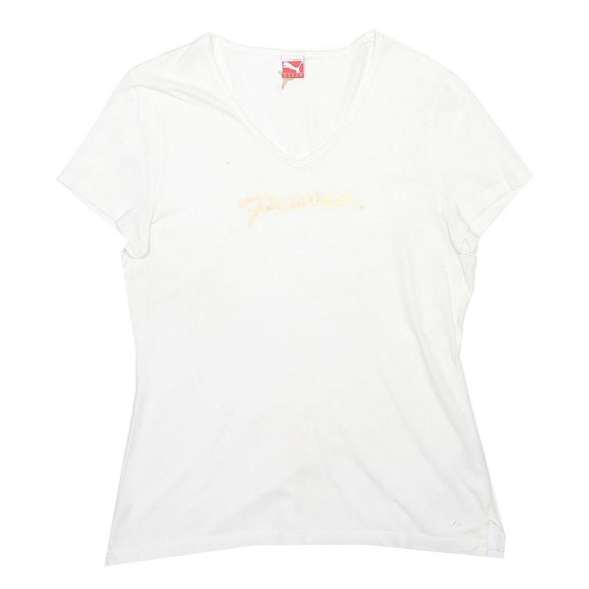 PUMA Womens White & Gold Script Logo V-Neck Short Sleeve T-Shirt UK 14 Cotton