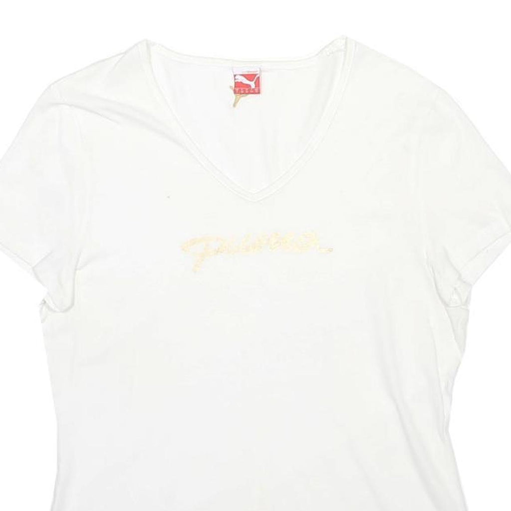 PUMA Womens White & Gold Script Logo V-Neck Short Sleeve T-Shirt UK 14 Cotton