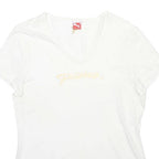 PUMA Womens White & Gold Script Logo V-Neck Short Sleeve T-Shirt UK 14 Cotton