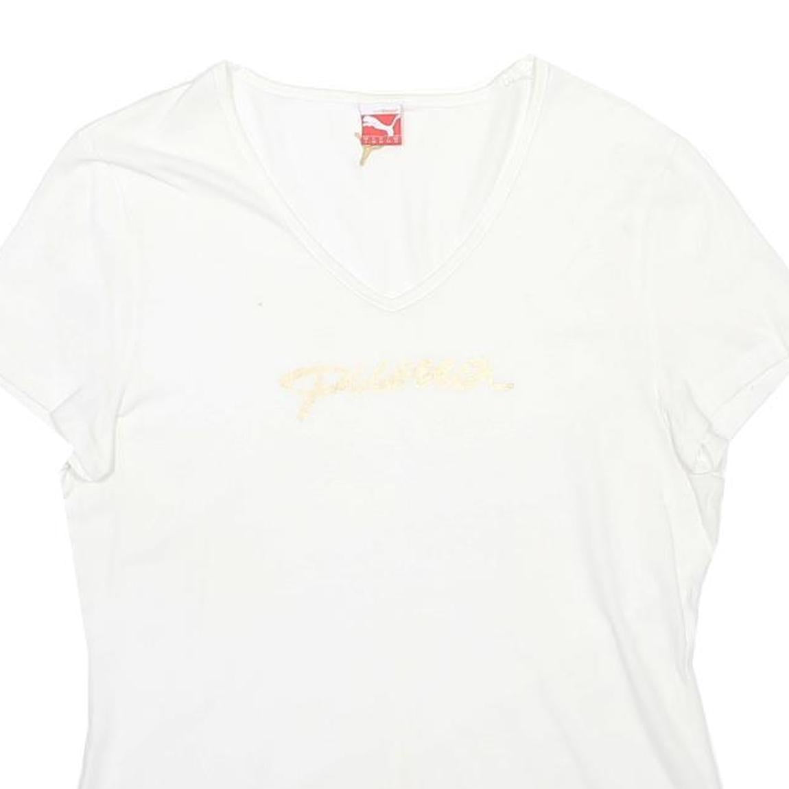 PUMA Womens White & Gold Script Logo V-Neck Short Sleeve T-Shirt UK 14 Cotton