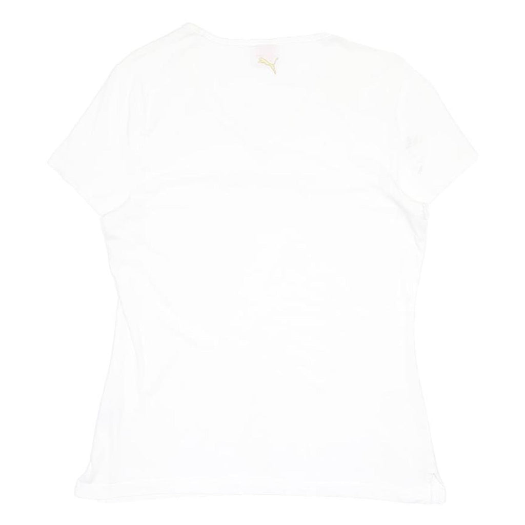 PUMA Womens White & Gold Script Logo V-Neck Short Sleeve T-Shirt UK 14 Cotton