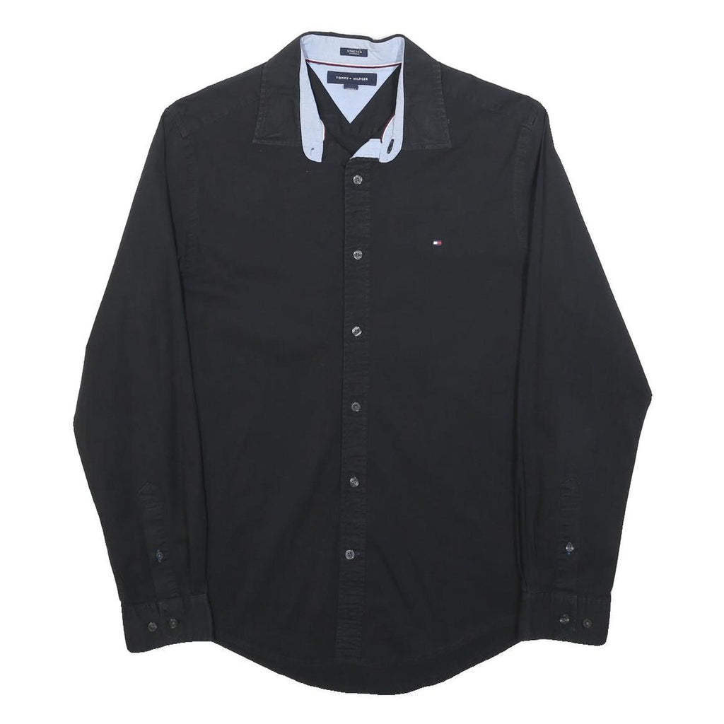 TOMMY HILFIGER Mens Black Cotton Blend Regular Fit M Shirt Button Collar Casual