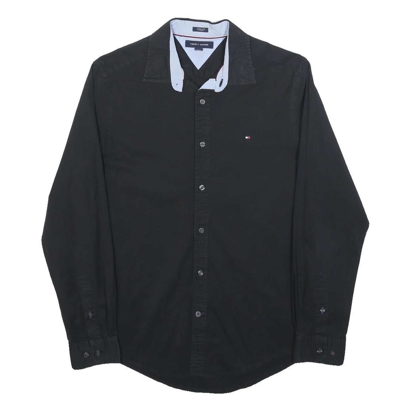TOMMY HILFIGER Mens Black Cotton Blend Regular Fit M Shirt Button Collar Casual