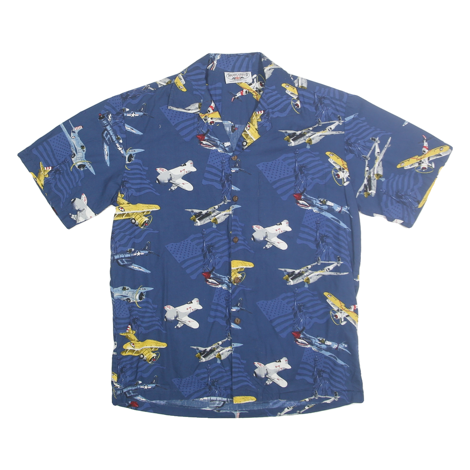 PACIFIC LEGEND Mens Blue Aircraft Print Shirt M Cotton Casual Summer