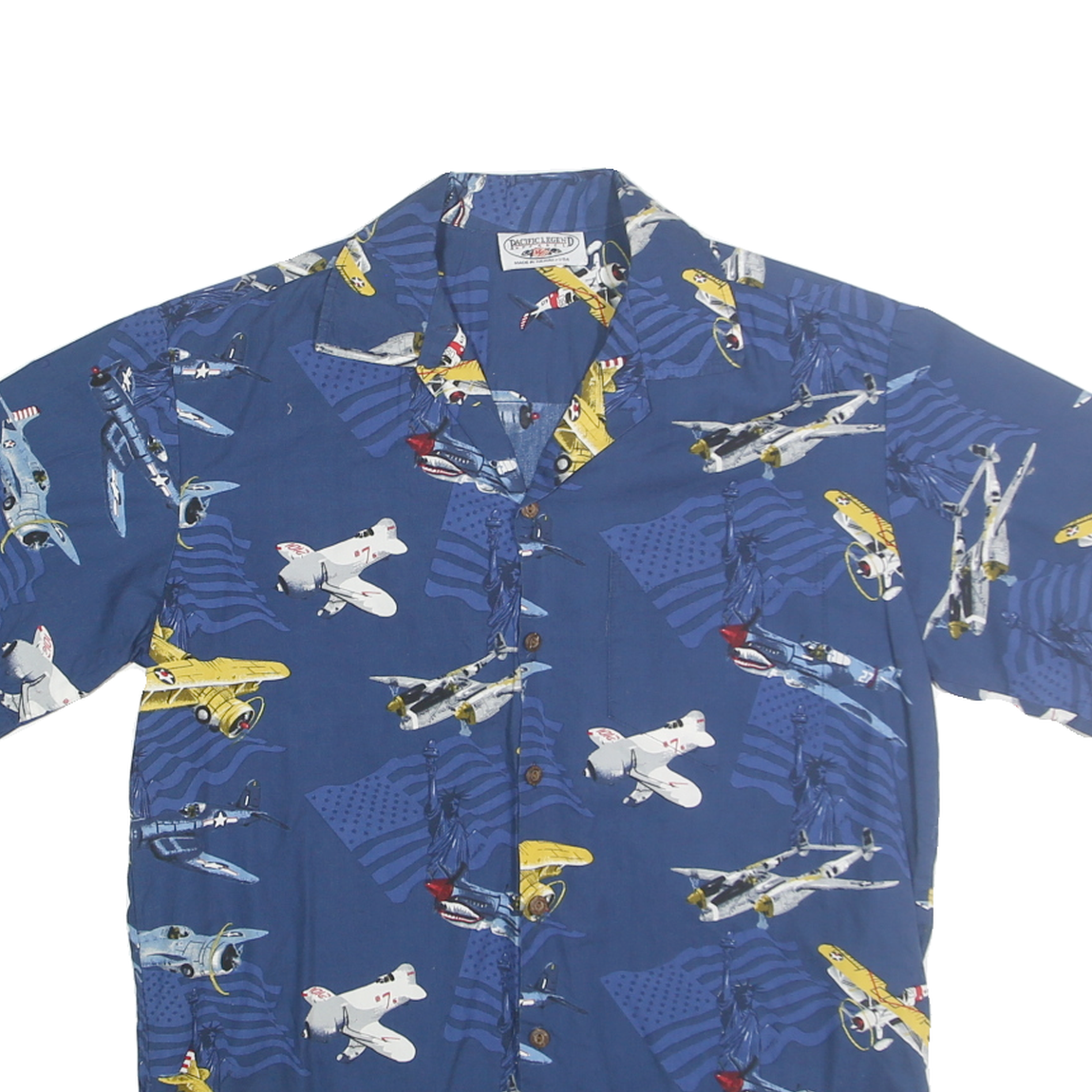 PACIFIC LEGEND Mens Blue Aircraft Print Shirt M Cotton Casual Summer