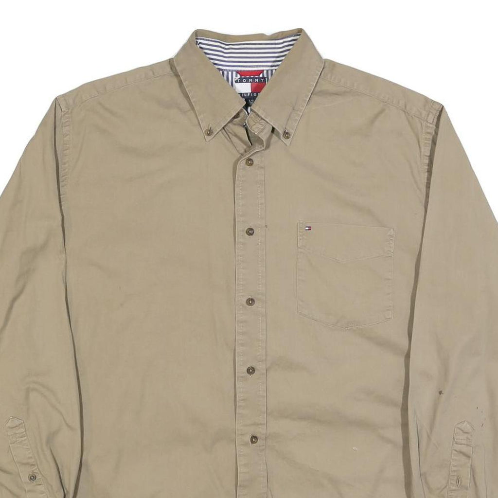 TOMMY HILFIGER Mens Beige Cotton Blend Shirt L Button Down Pocket Casual