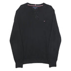 TOMMY HILFIGER Mens Black Plain Cotton Crew Neck Basic Knit Jumper L