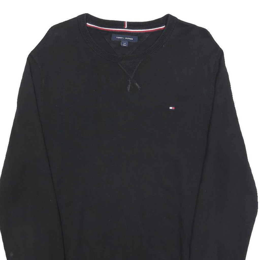 TOMMY HILFIGER Mens Black Plain Cotton Crew Neck Basic Knit Jumper L
