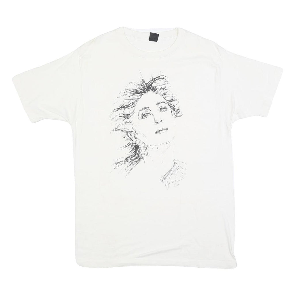 Womens White Graphic T-Shirt L Short Sleeve Crew Neck Artistic Face Print