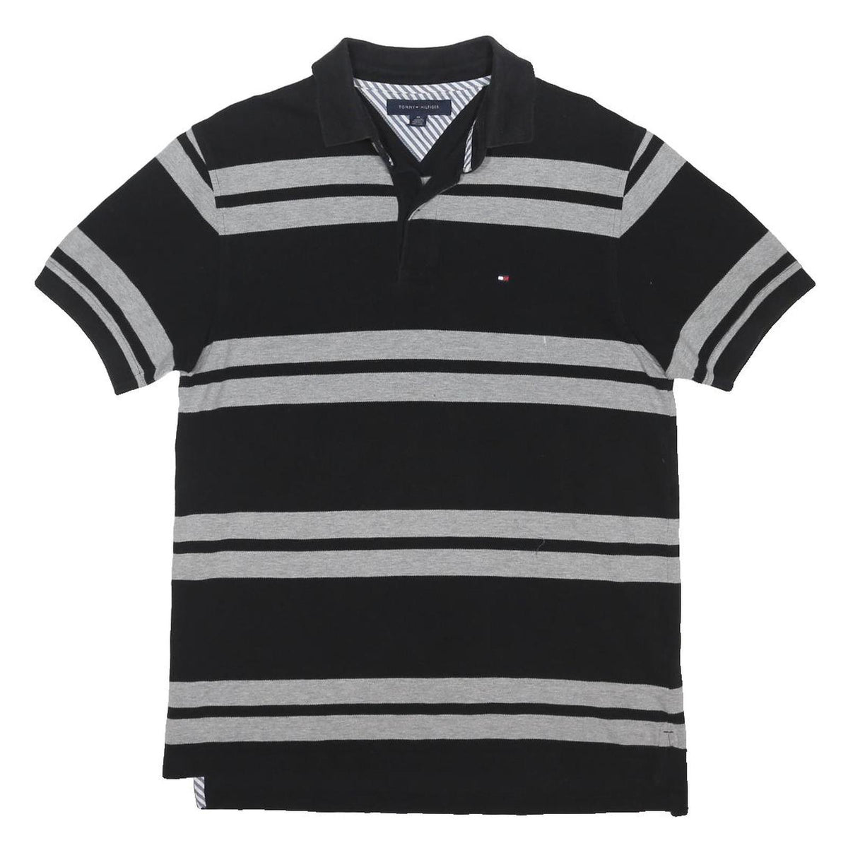 TOMMY HILFIGER Mens Black & Grey Stripe Short Sleeve Polo Shirt M Classic Fit