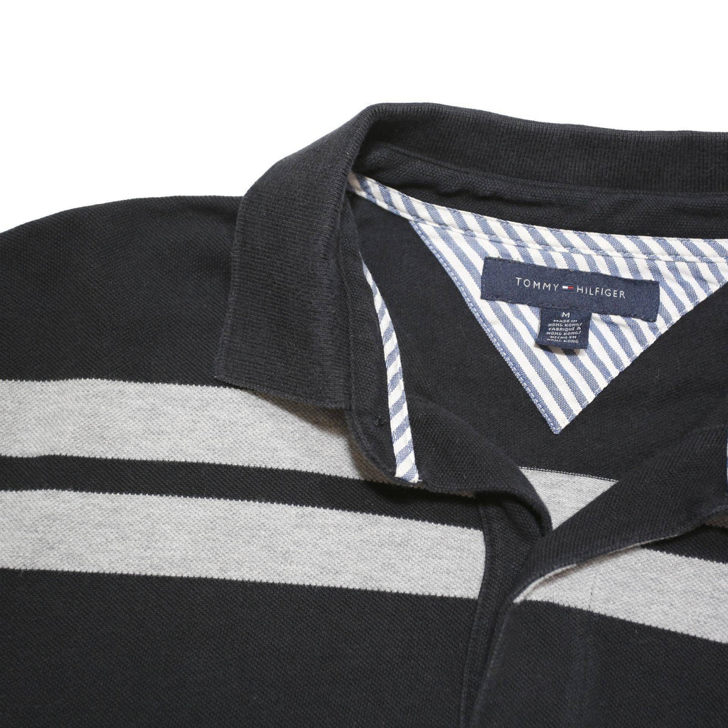 TOMMY HILFIGER Mens Black & Grey Stripe Short Sleeve Polo Shirt M Classic Fit