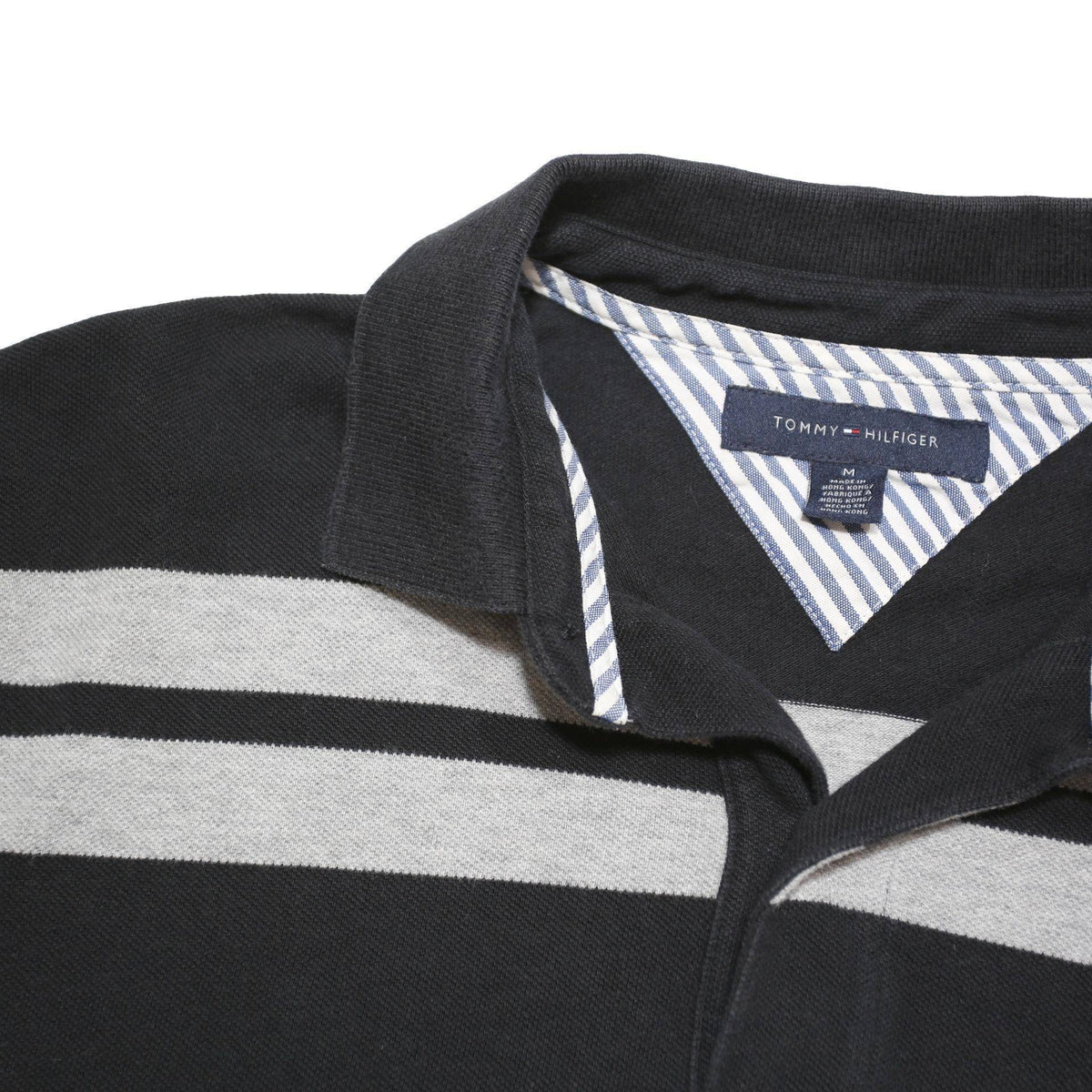 TOMMY HILFIGER Mens Black & Grey Stripe Short Sleeve Polo Shirt M Classic Fit