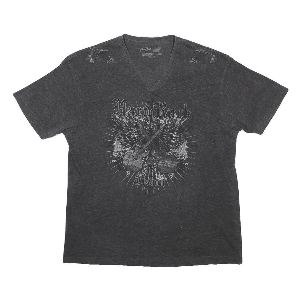 HARD ROCK CAFE Mens Black Grey Lisbon Graphic T-Shirt XL V-Neck Cotton Blend