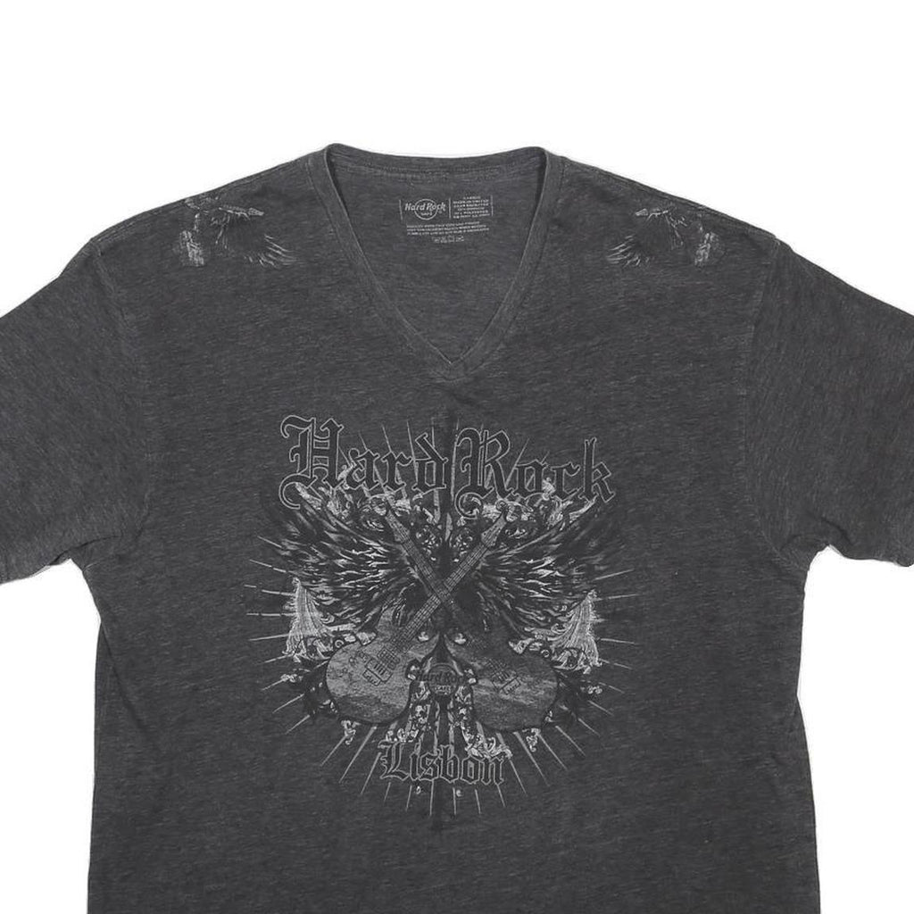 HARD ROCK CAFE Mens Black Grey Lisbon Graphic T-Shirt XL V-Neck Cotton Blend