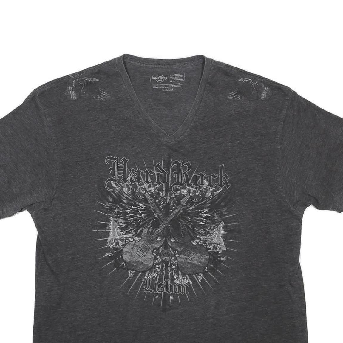 HARD ROCK CAFE Mens Black Grey Lisbon Graphic T-Shirt XL V-Neck Cotton Blend