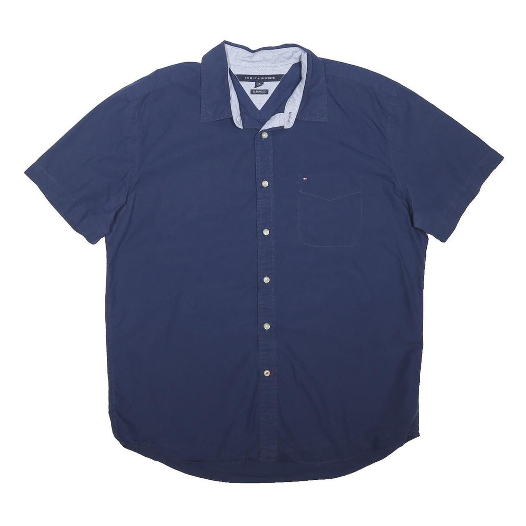 TOMMY HILFIGER Mens Blue Short Sleeve Shirt XL Cotton Blend Classic Fit