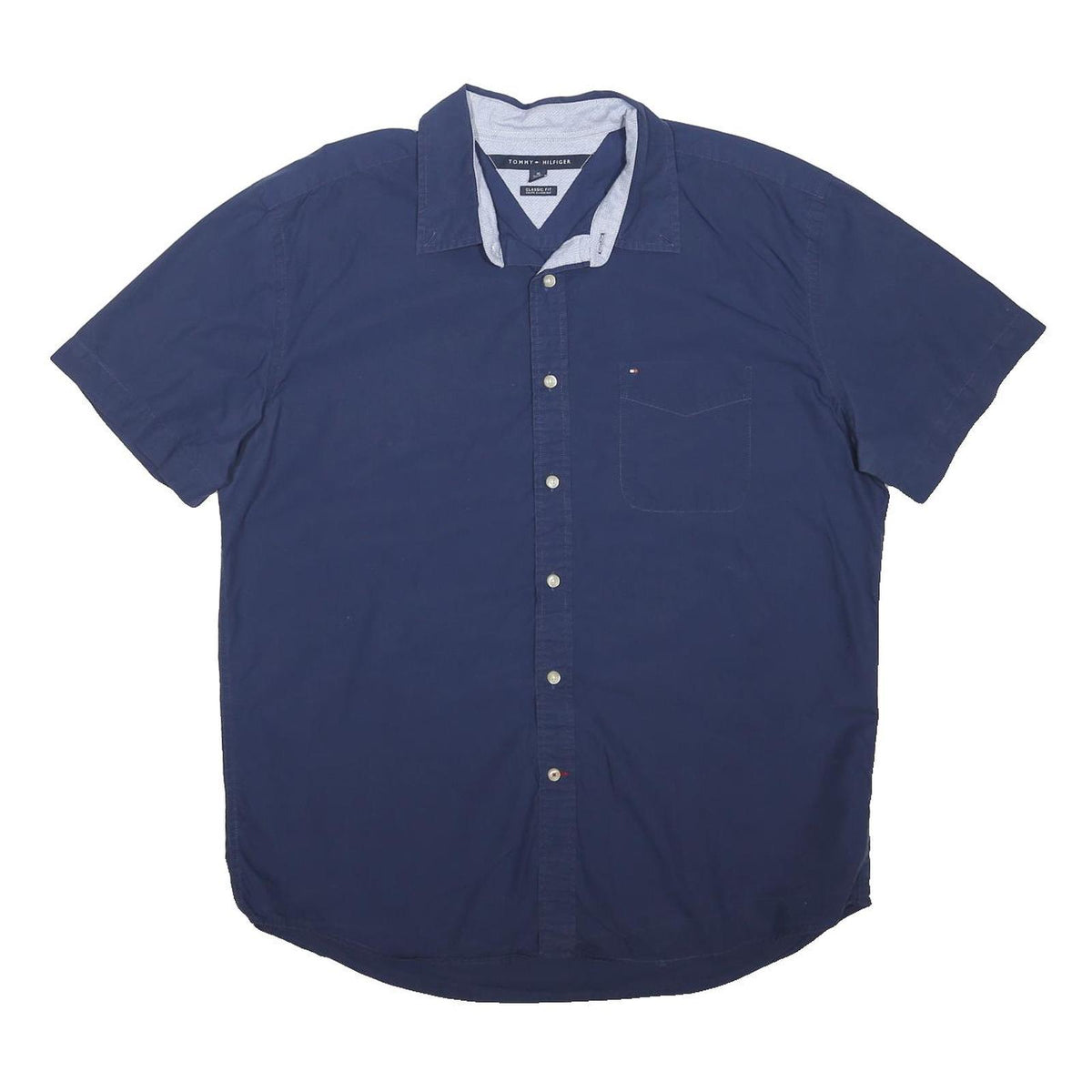 TOMMY HILFIGER Mens Blue Short Sleeve Shirt XL Cotton Blend Classic Fit