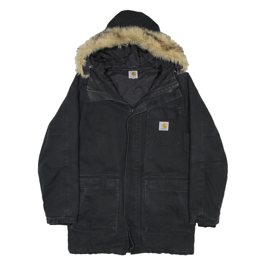 CARHARTT Mens Black Cotton Quilted Zip Jacket S Hooded Workwear Winter