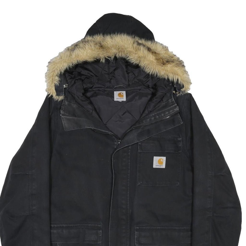 CARHARTT Mens Black Cotton Quilted Zip Jacket S Hooded Workwear Winter