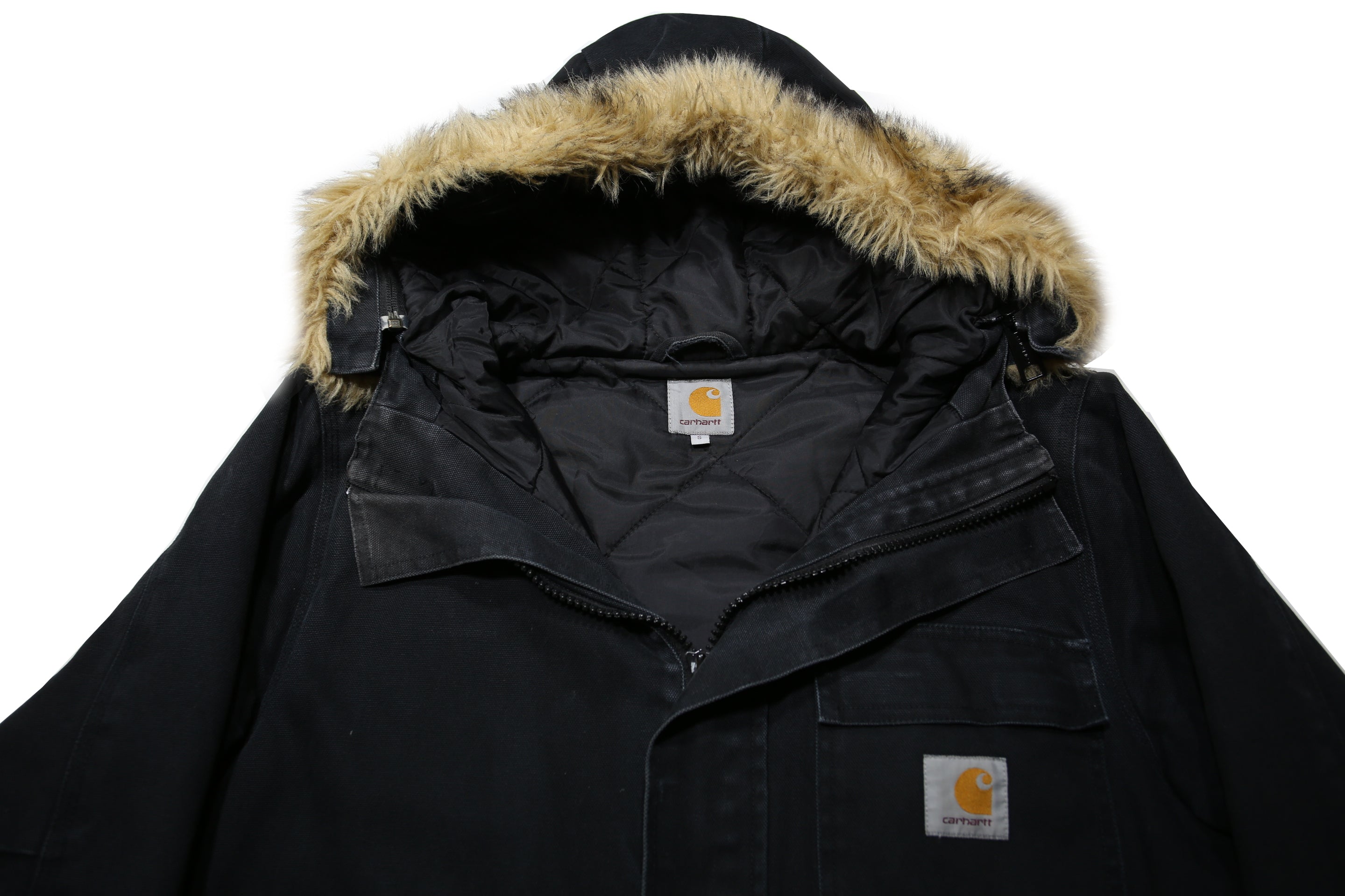 CARHARTT Mens Black Cotton Quilted Zip Jacket S Hooded Workwear Winter
