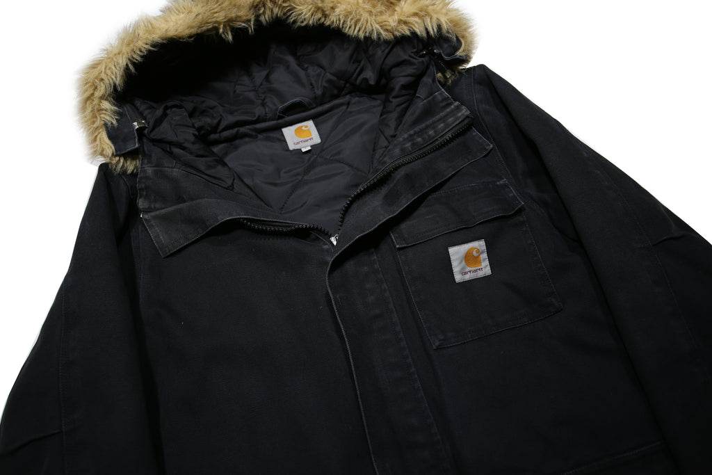 CARHARTT Mens Black Cotton Quilted Zip Jacket S Hooded Workwear Winter
