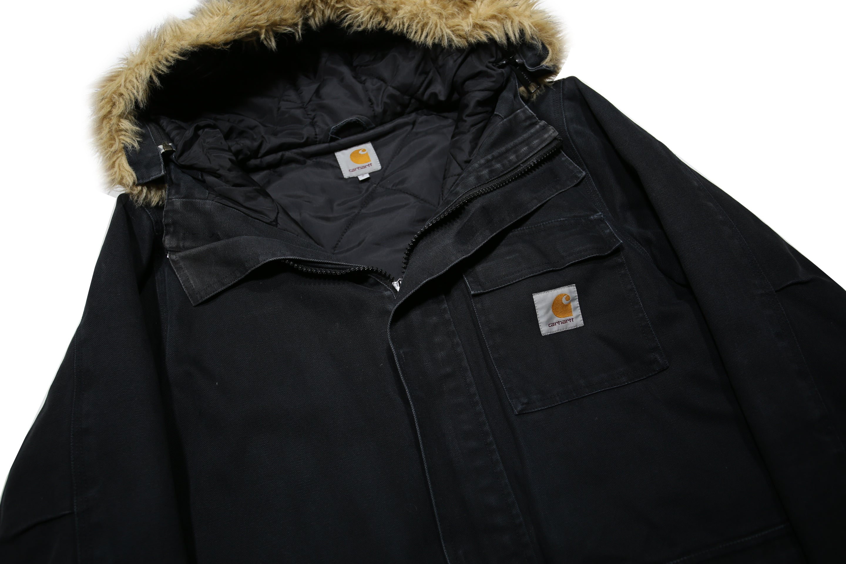 CARHARTT Mens Black Cotton Quilted Zip Jacket S Hooded Workwear Winter