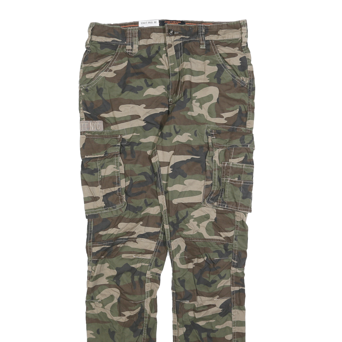 SCHOTT Mens Slim Cotton Blend Green Camouflage Cargo Trousers W29 L32 Utility