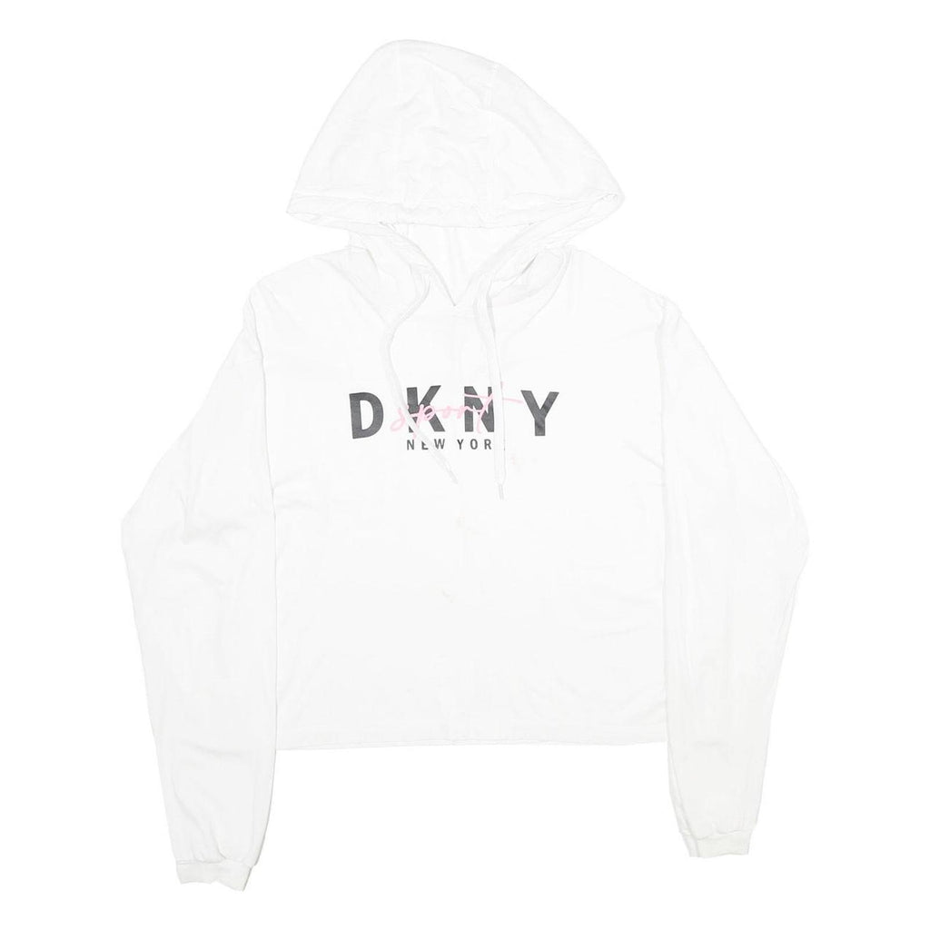DKNY Womens White Cropped Hoodie XS Cotton Blend Pullover Logo Print