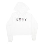 DKNY Womens White Cropped Hoodie XS Cotton Blend Pullover Logo Print