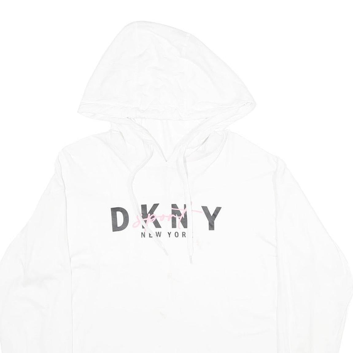 DKNY Womens White Cropped Hoodie XS Cotton Blend Pullover Logo Print