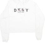 DKNY Womens White Cropped Hoodie XS Cotton Blend Pullover Logo Print