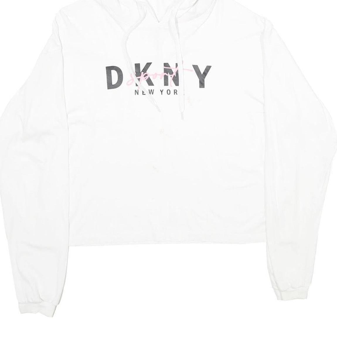 DKNY Womens White Cropped Hoodie XS Cotton Blend Pullover Logo Print