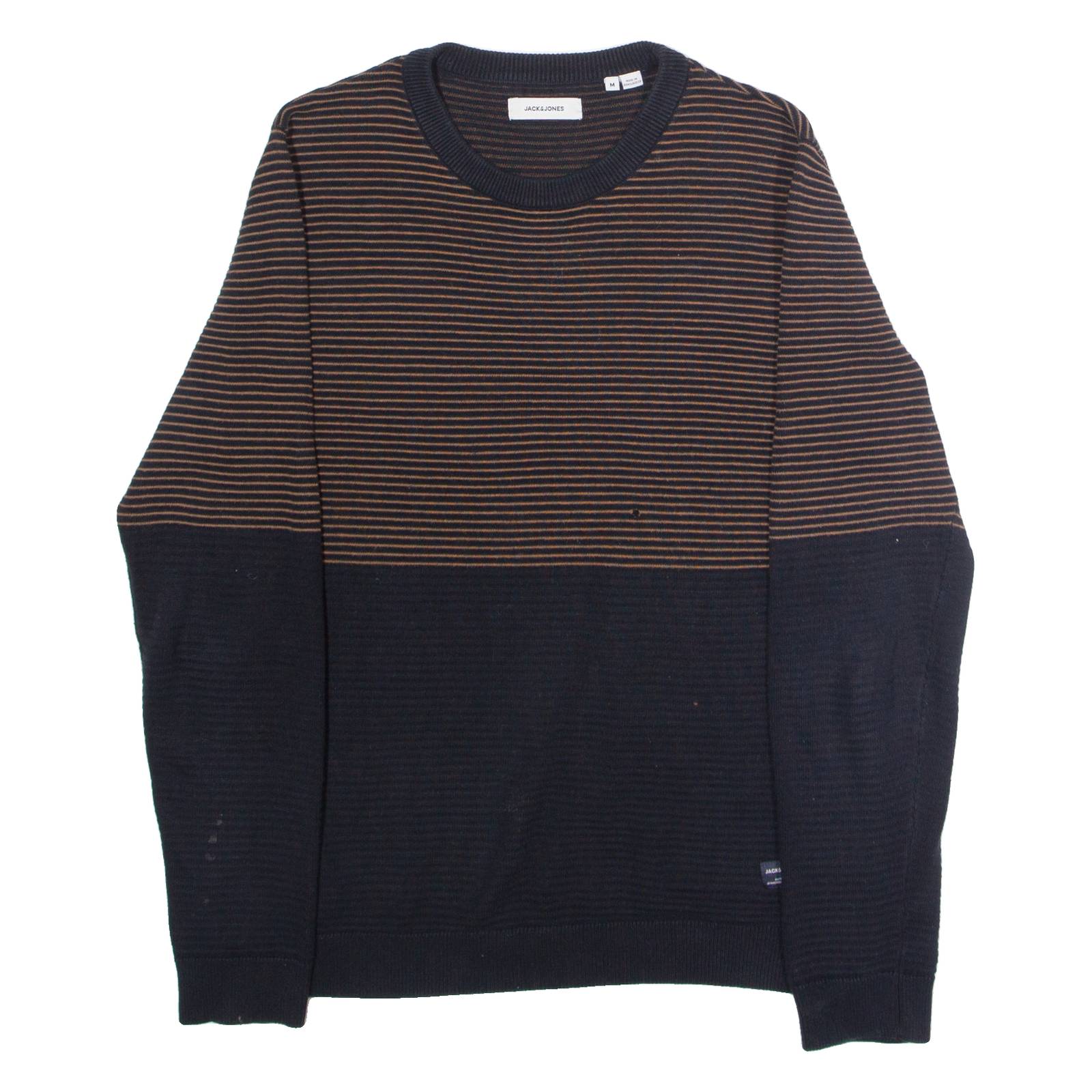 JACK & JONES Mens Patterned Jumper Black Striped Crew Neck Tight Knit M