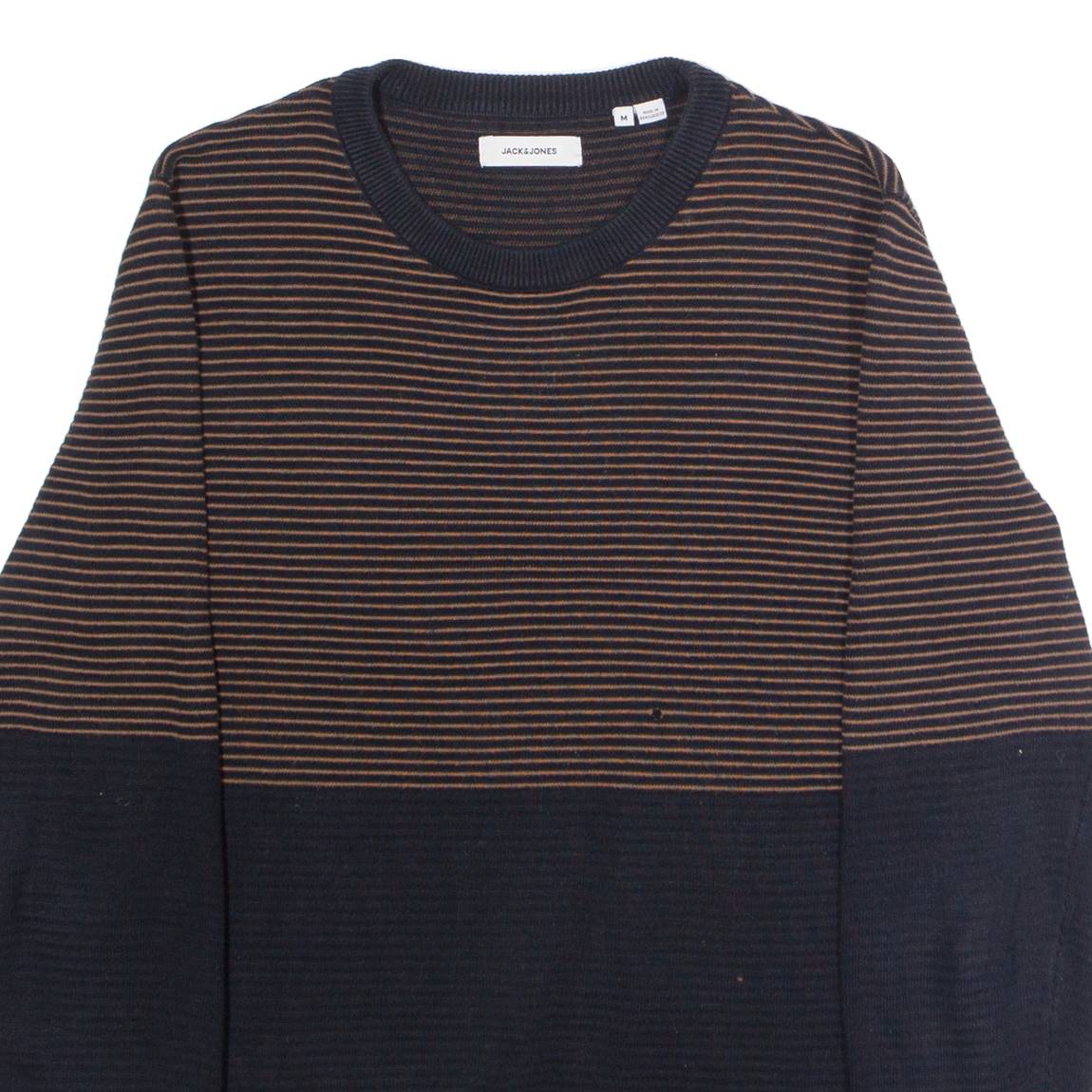 JACK & JONES Mens Patterned Jumper Black Striped Crew Neck Tight Knit M