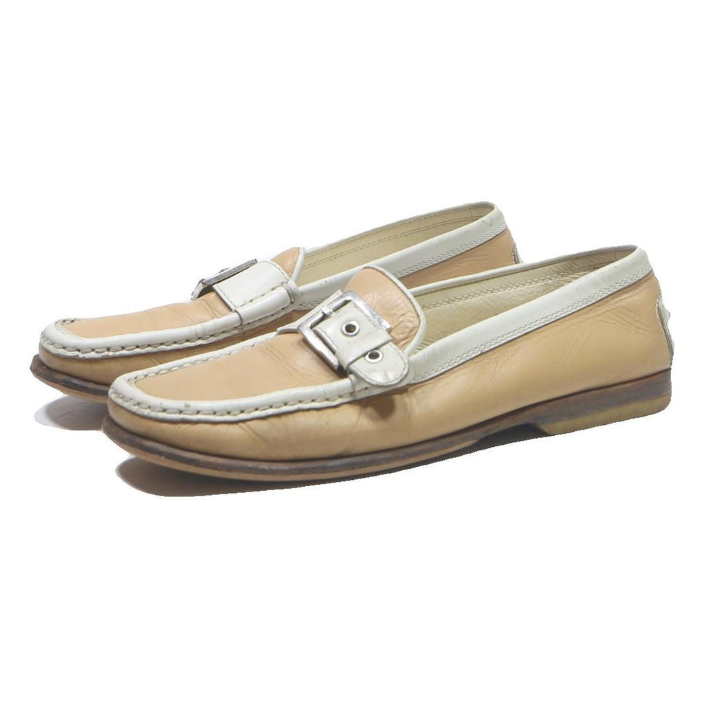 TODS Womens Beige & White Leather Loafers UK 3 Buckle Casual Slip On Shoes