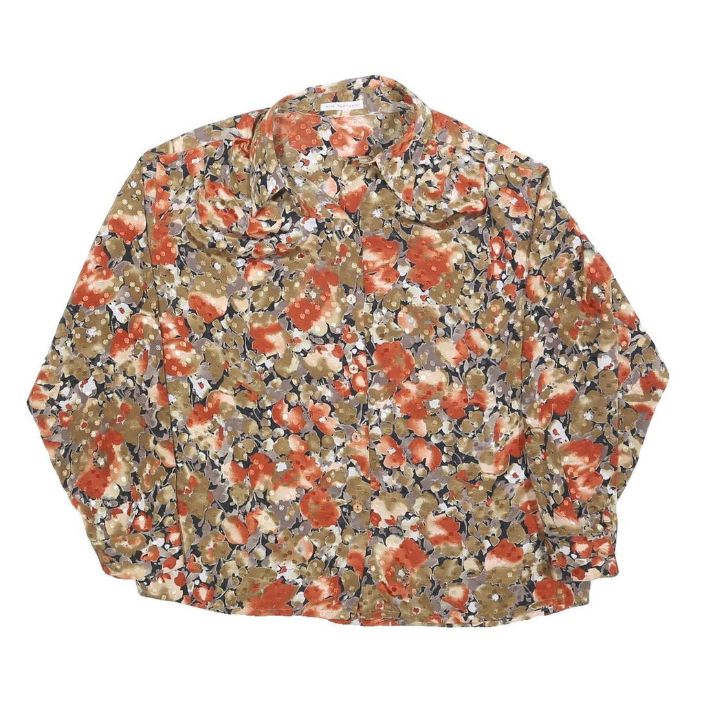 Womens Beige & Orange Floral Blouse Long Sleeve Collared L Polyester Blend