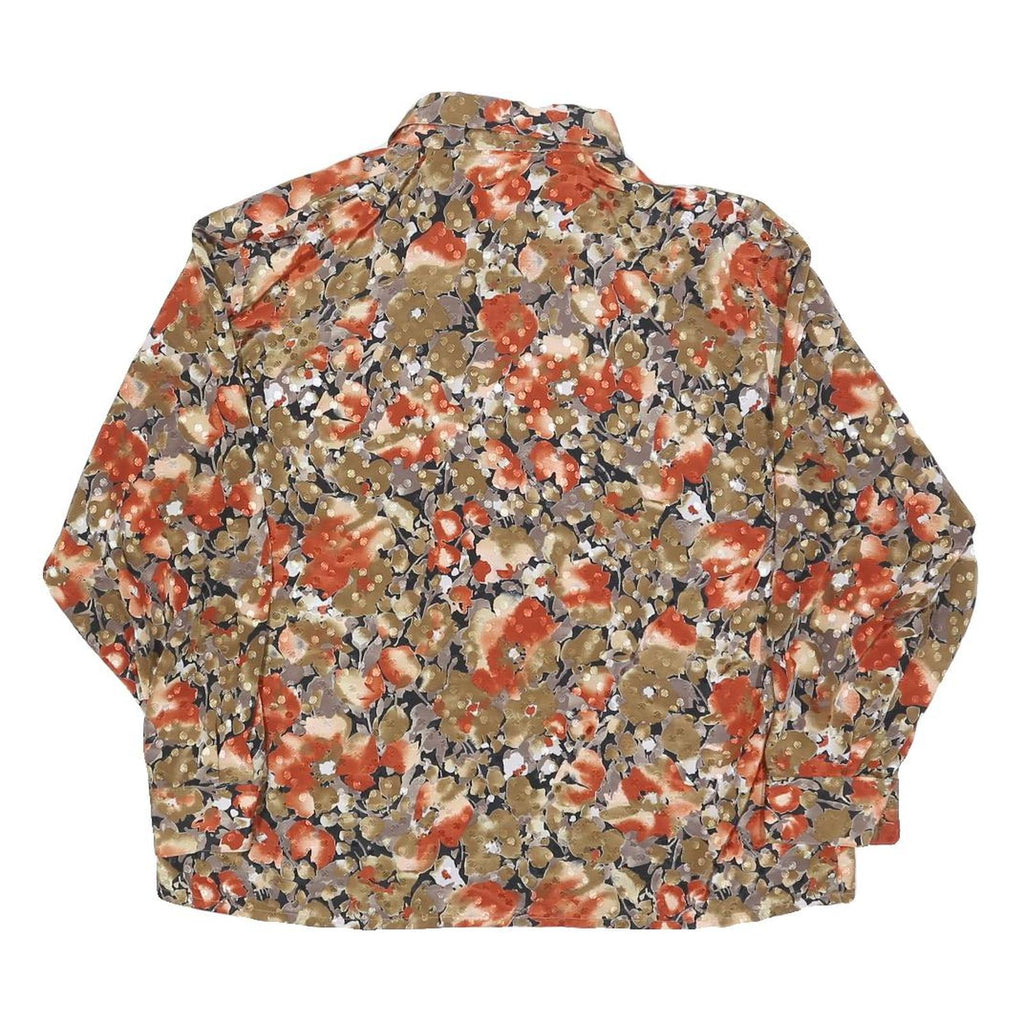 Womens Beige & Orange Floral Blouse Long Sleeve Collared L Polyester Blend