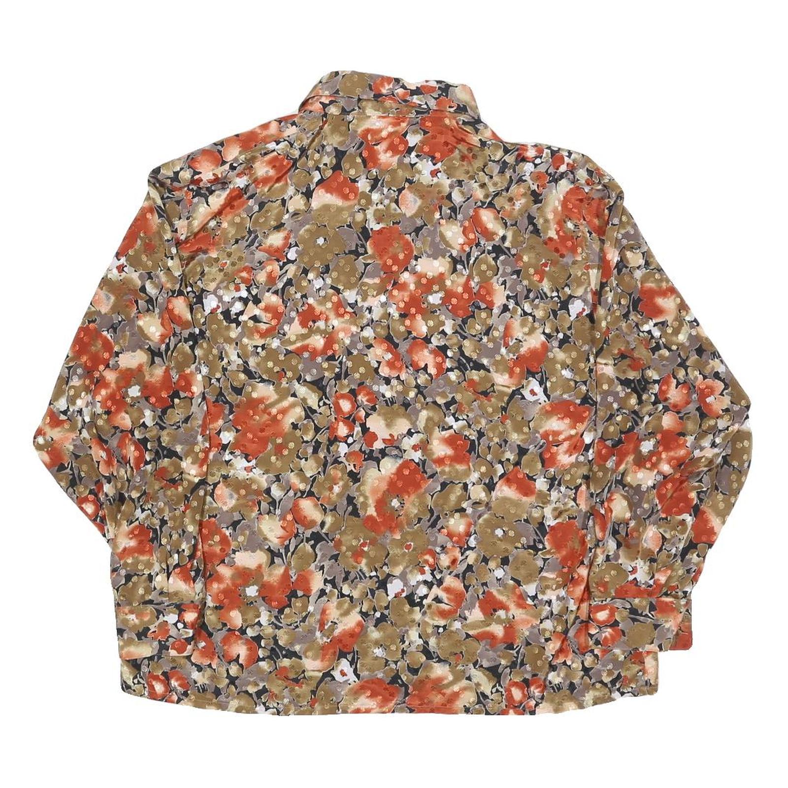 Womens Beige & Orange Floral Blouse Long Sleeve Collared L Polyester Blend