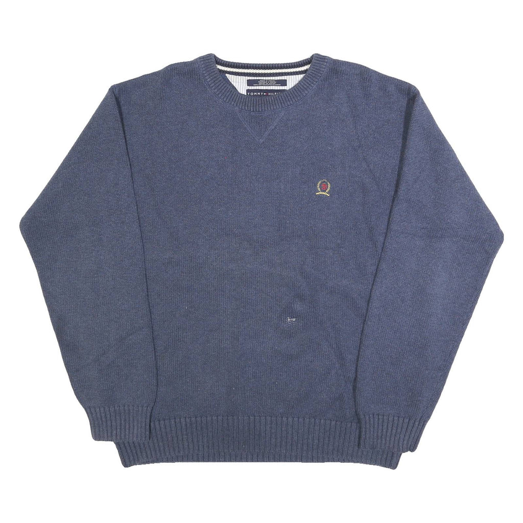TOMMY HILFIGER Mens Blue Plain Jumper Crew Neck Basic Knit Pullover XL Cotton