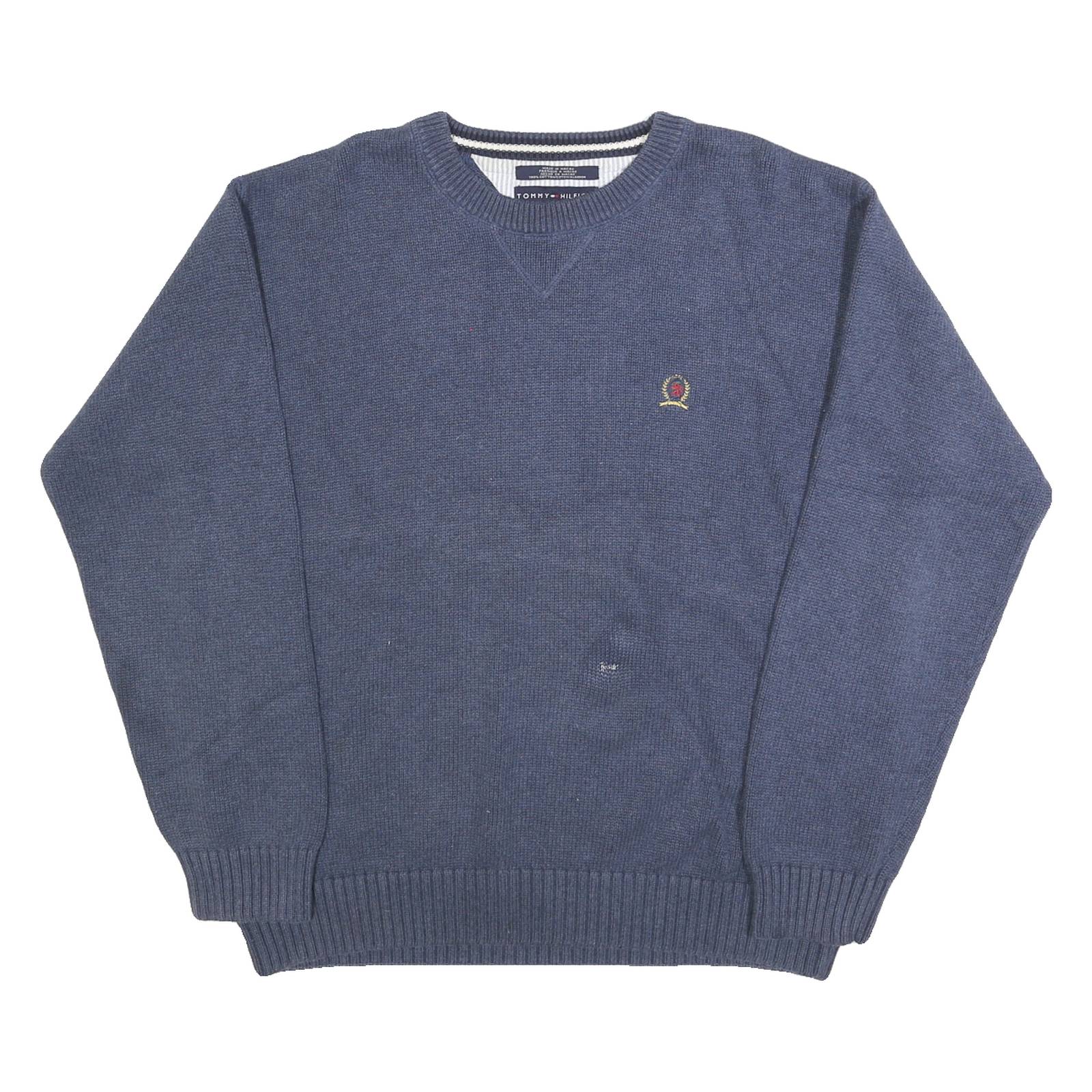 TOMMY HILFIGER Mens Blue Plain Jumper Crew Neck Basic Knit Pullover XL Cotton