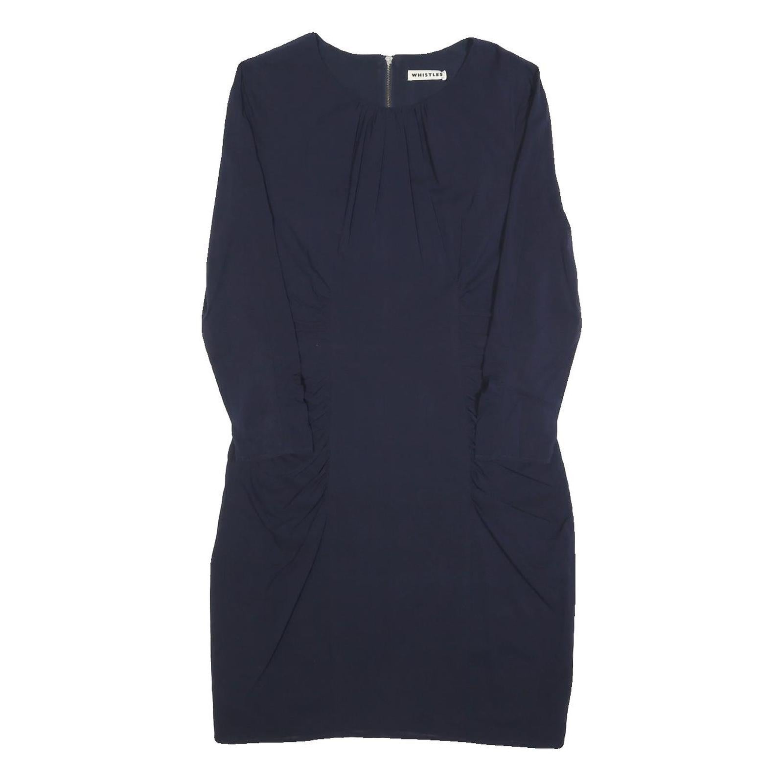 WHISTLES Womens Navy Blue Day Dress Silk Blend Plain Long Sleeve Knee Length UK