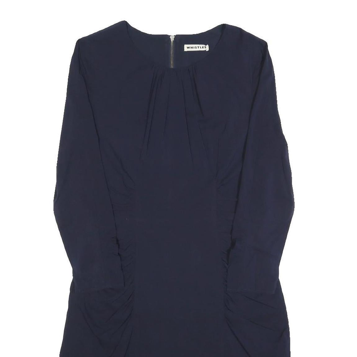 WHISTLES Womens Navy Blue Day Dress Silk Blend Plain Long Sleeve Knee Length UK