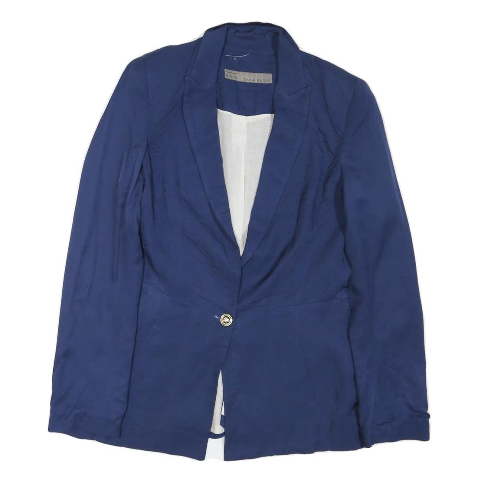ZARA Womens Blue Single Button Cotton Blend Jacket S Plain Casual Tailored